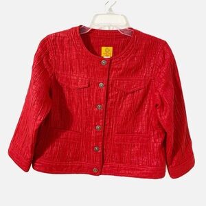 Ruby Road Petites Button Front Crinkled Fabric Collarless Cropped Jacket Red 🟥